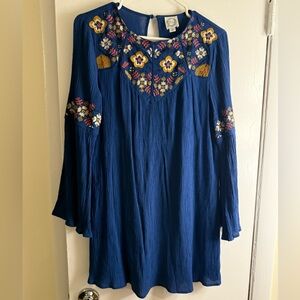 Deep Blue Dress with Floral Embroidery